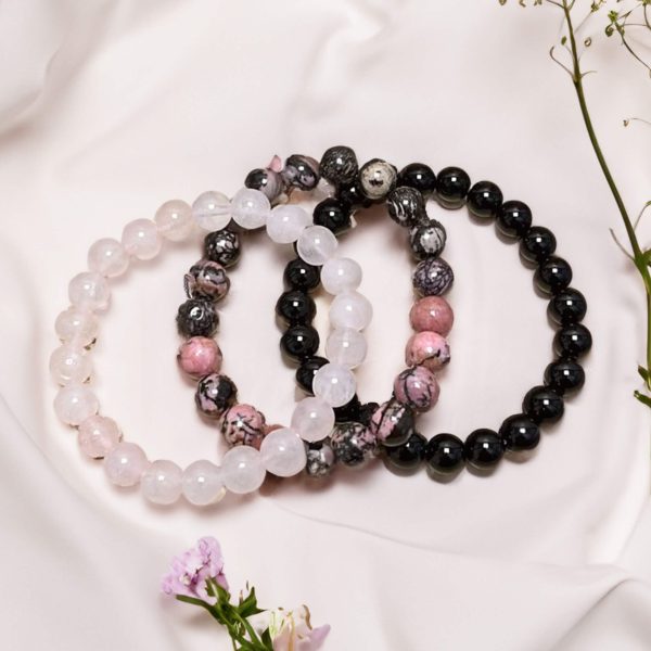 Trio de Bracelets "Paix & Équilibre" en Onyx, Quartz Rose & Rhodonite