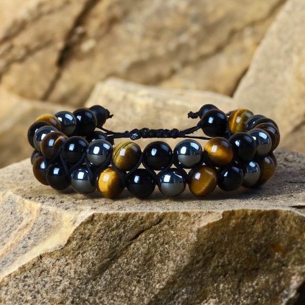 Bracelet Tressé Ajustable "Triple Protections" en Hématite, Oeil de Tigre & Obsidienne