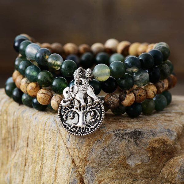 Bracelet Mala "Gaia" en Agate Mousse & Jaspe Paysage