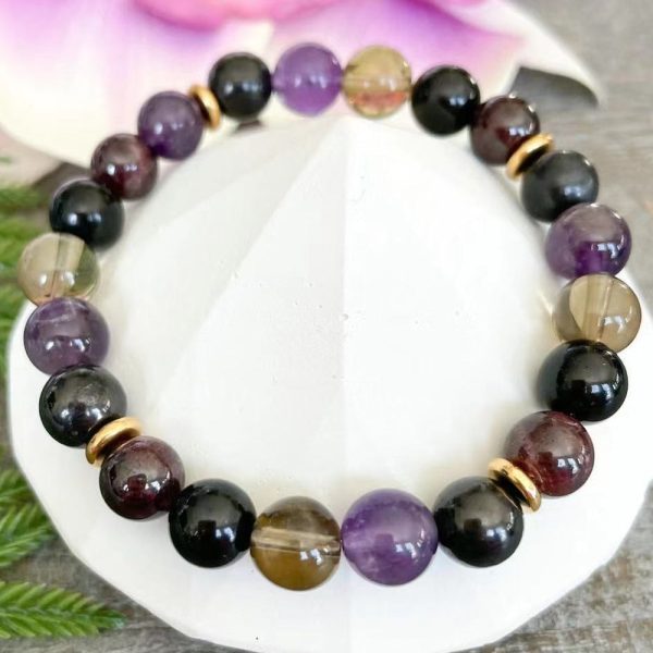 Bracelet "Harmonie & Protection" en Shungite, Quartz Fumé, Améthyste & Grenat – Image 3