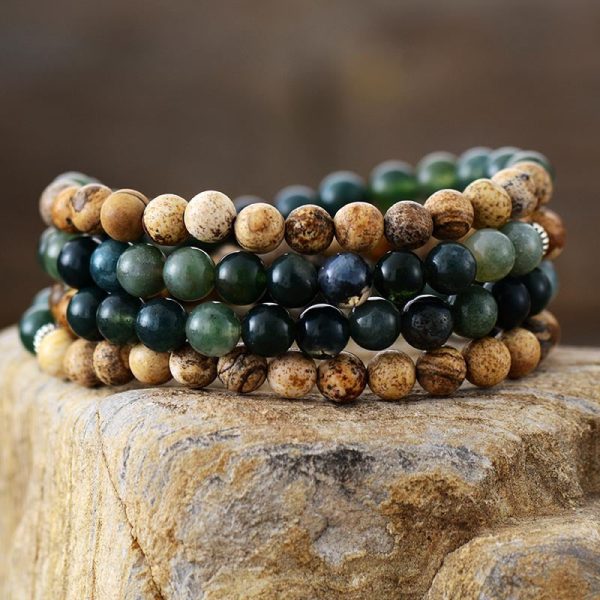 Bracelet Mala "Gaia" en Agate Mousse & Jaspe Paysage – Image 2