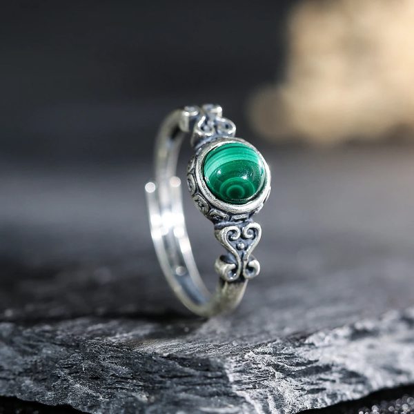 Bague Ajustable "Protection du Cœur" en Malachite & Argent