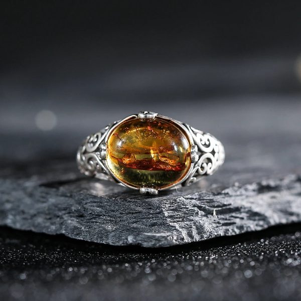 Bague Ajustable "Éclat Solaire" en Ambre & Argent