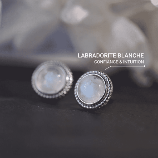 Boucles d'Oreilles Bouton en Labradorite Blanche & Argent – Image 3