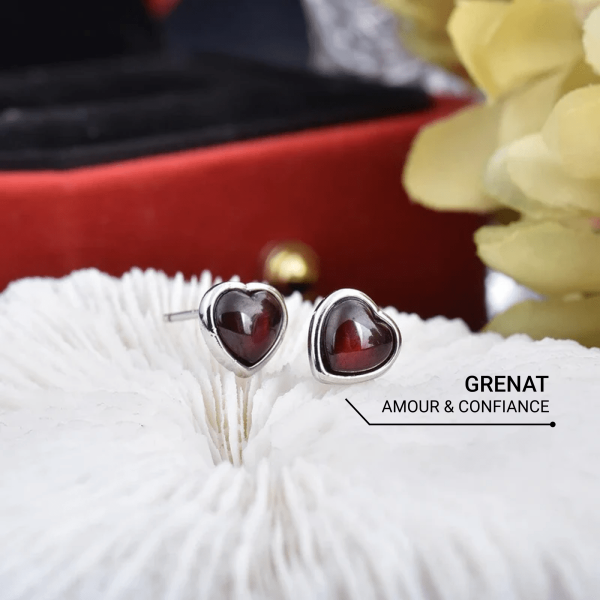 Boucles d'Oreilles "Coeur Passion" en Grenat & Argent – Image 3