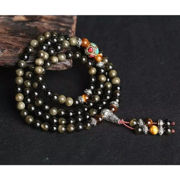 Bracelet Mala "Bouddhiste" en Obsidienne Noire & Dorée – Image 4