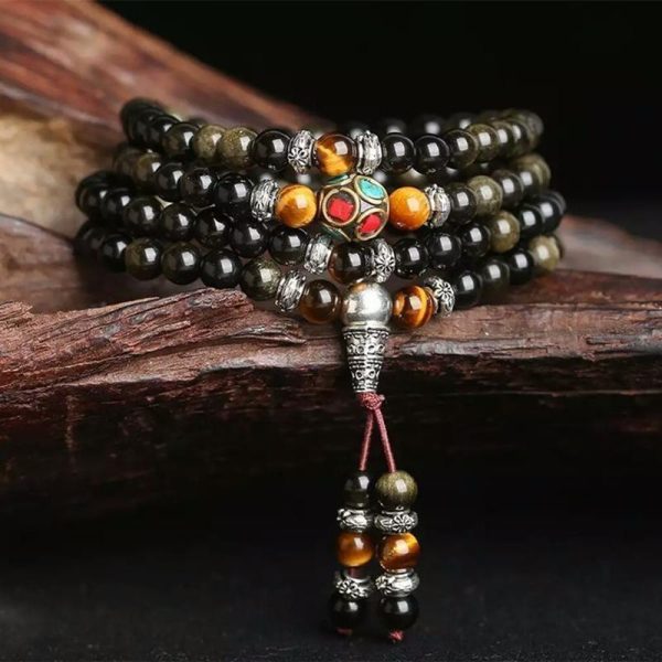 Bracelet Mala "Bouddhiste" en Obsidienne Noire & Dorée