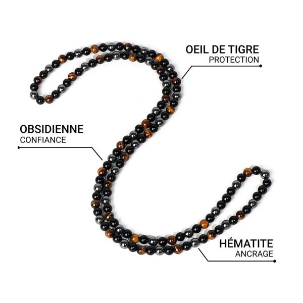 Collier "3 Protections" en Hématite, Obsidienne & Oeil de Tigre – Image 2