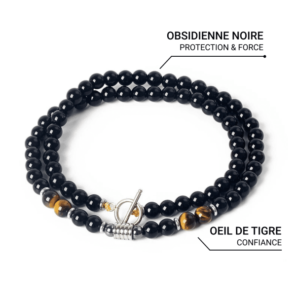 Collier "Bouclier de Sagesse" en Obsidienne Noire & Oeil de Tigre – Image 4