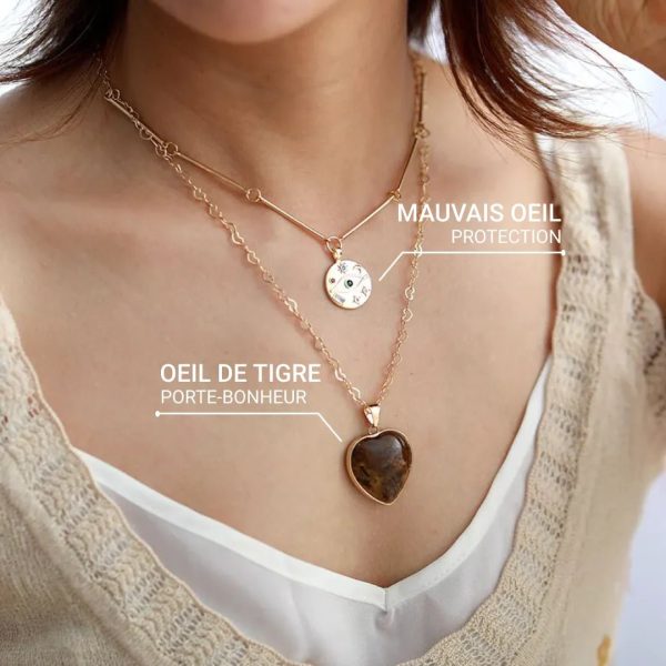 Collier Double "Coeur Protecteur" en Oeil de Tigre – Image 2