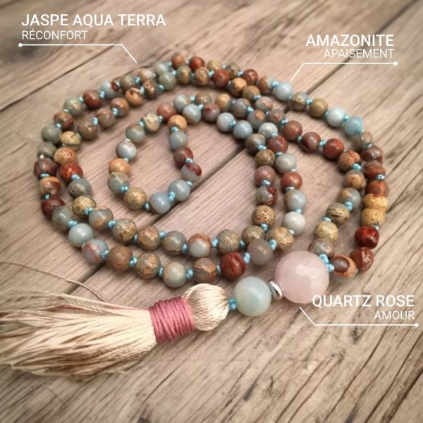 Collier Mala 108 Perles en Jaspe Aqua Terra, Amazonite & Quartz Rose – Image 3