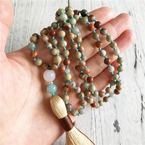 Collier Mala 108 Perles en Jaspe Aqua Terra, Amazonite & Quartz Rose – Image 4