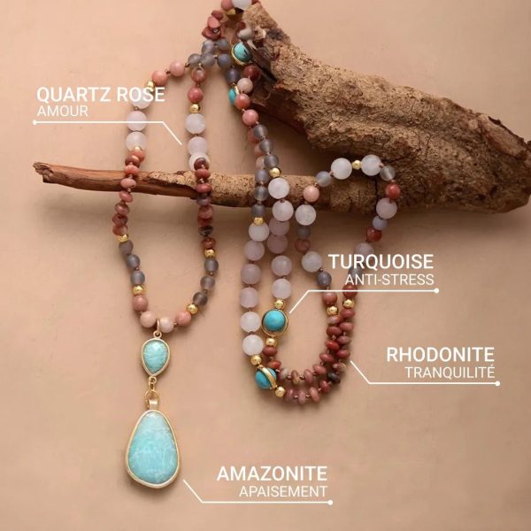 Collier Mala Ethnique en Turquoise, Amazonite, Quartz Rose & Rhodonite – Image 4