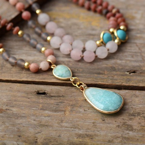 Collier Mala Ethnique en Turquoise, Amazonite, Quartz Rose & Rhodonite – Image 3