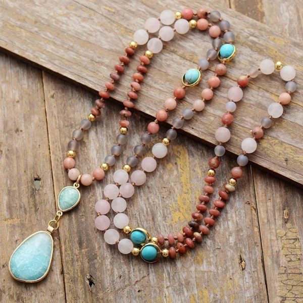 Collier Mala Ethnique en Turquoise, Amazonite, Quartz Rose & Rhodonite