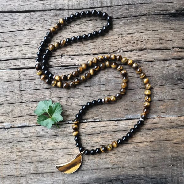 Collier Mala "Lune Protectrice" en Onyx & Oeil de Tigre