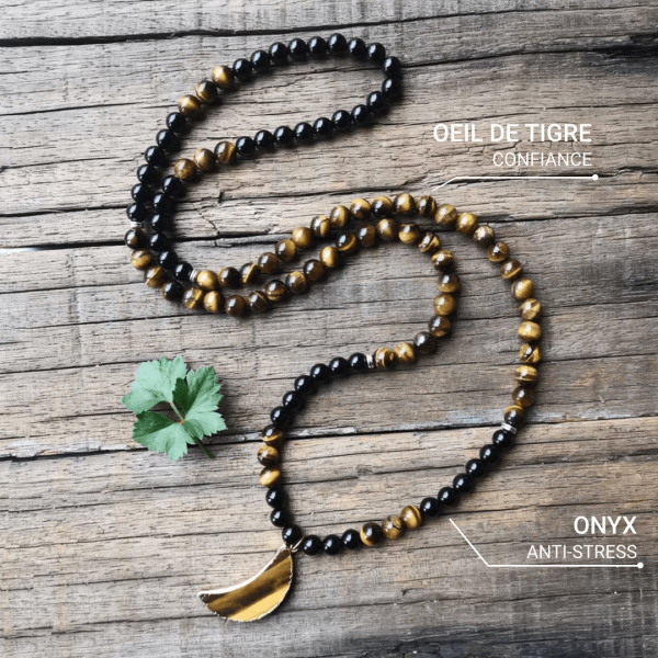 Collier Mala "Lune Protectrice" en Onyx & Oeil de Tigre – Image 4