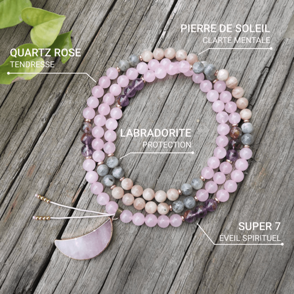 Collier Mala "Lune Rose" en Super 7, Pierre de Soleil, Quartz Rose & Labradorite – Image 2