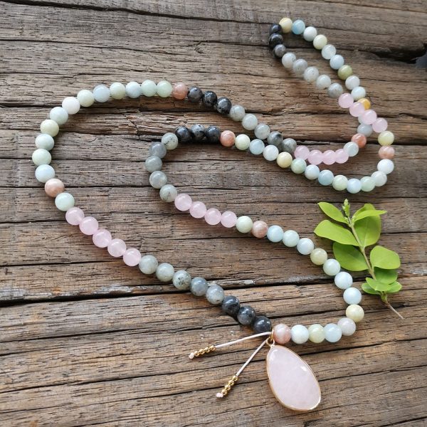 Collier Mala Premium "Sérénité de l'Esprit" en Labradorite, Aigue-Marine & Quartz Rose