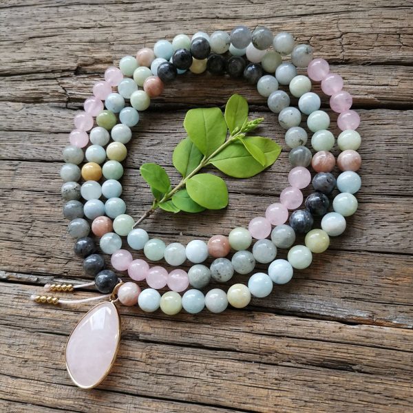 Collier Mala Premium "Sérénité de l'Esprit" en Labradorite, Aigue-Marine & Quartz Rose – Image 3