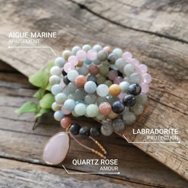 Collier Mala Premium "Sérénité de l'Esprit" en Labradorite, Aigue-Marine & Quartz Rose – Image 4