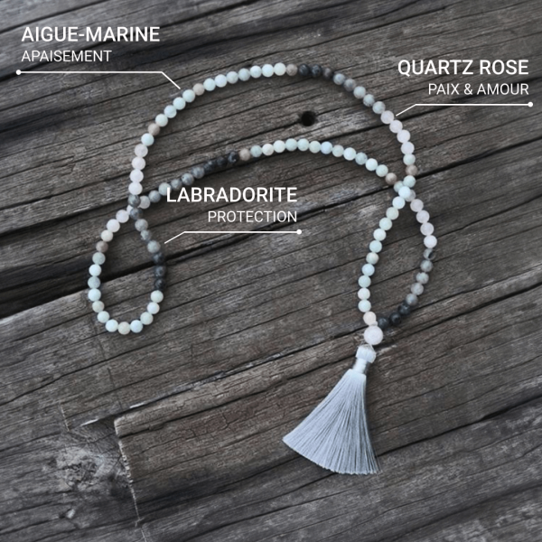 Collier Mala Premium "Sérénité de l'Esprit" en Labradorite, Aigue-Marine & Quartz Rose – Image 7