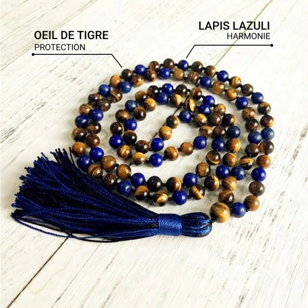 Collier Mala "Protection & Communication" en Lapis Lazuli & Oeil de Tigre – Image 2