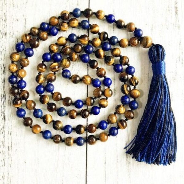 Collier Mala "Protection & Communication" en Lapis Lazuli & Oeil de Tigre