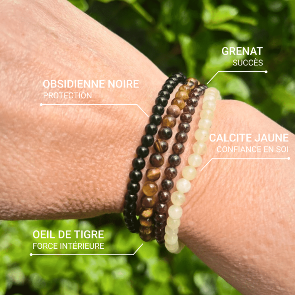 Ensemble "Succès & Protection" en Grenat, Calcite Jaune, Obsidienne & Oeil de Tigre – Image 3