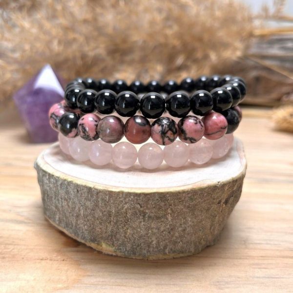 Trio de Bracelets "Paix & Équilibre" en Onyx, Quartz Rose & Rhodonite – Image 3