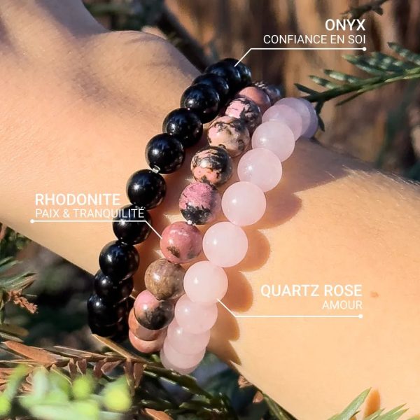 Trio de Bracelets "Paix & Équilibre" en Onyx, Quartz Rose & Rhodonite – Image 2